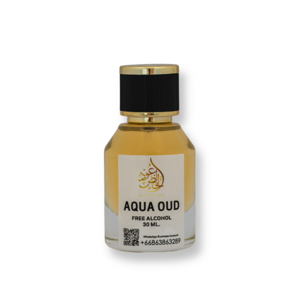 A bottle of Aqua Oud Fragrance Oil with a sleek design, showcasing a timeless and masculine scent.