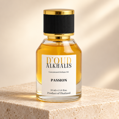 PASSION perfume oil by D’OUD ALKHALIS in a clear glass bottle with a black and gold cap on a white background.