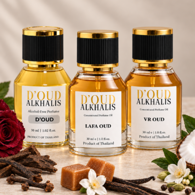 D’OUD, LAFA OUD and VR OUD perfume bottles by Alkhalis displayed with rose, oud wood, caramel, vanilla, coconut and white flowers.