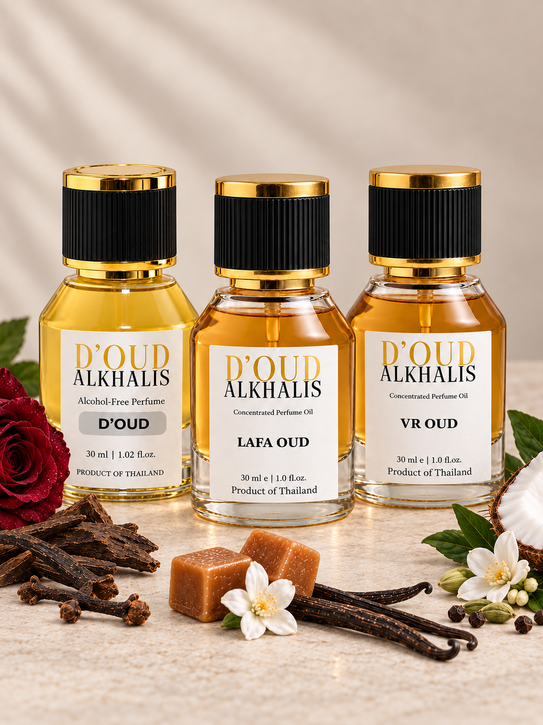 D’OUD, LAFA OUD and VR OUD perfume bottles by Alkhalis displayed with rose, oud wood, caramel, vanilla, coconut and white flowers.