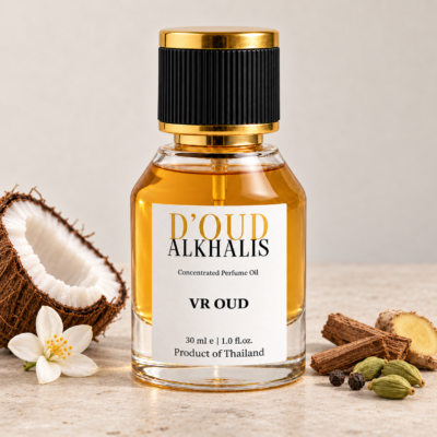 VR OUD perfume oil by Alkhalis displayed with coconut, white flowers, cardamom, ginger, peppercorns and sandalwood on a light surface.